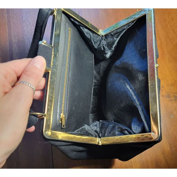 Vintage 50s Black Gold Floral Handbag 16in long inc handle - Picture 3 of 5